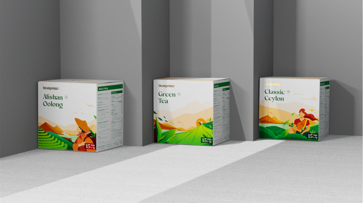 Teaepresso 袋泡茶茶葉包裝設計”茶園與飲茶插畫''''''''