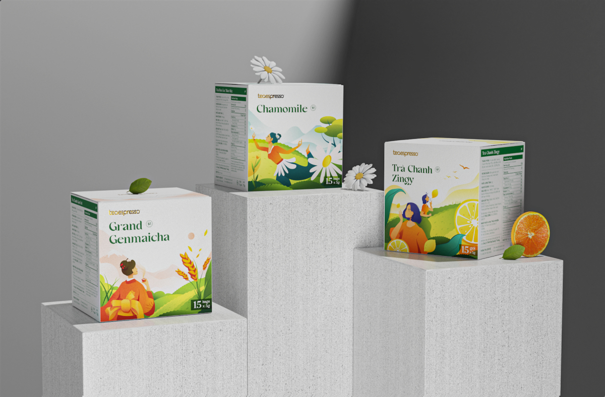 Teaepresso 袋泡茶茶葉包裝設計”茶園與飲茶插畫''''''''