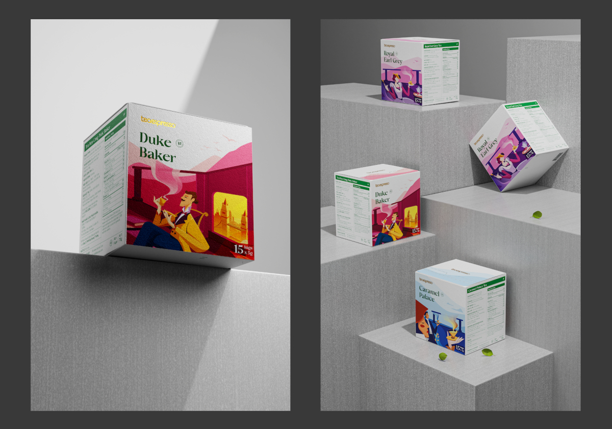 Teaepresso 袋泡茶茶葉包裝設計”茶園與飲茶插畫''''''''