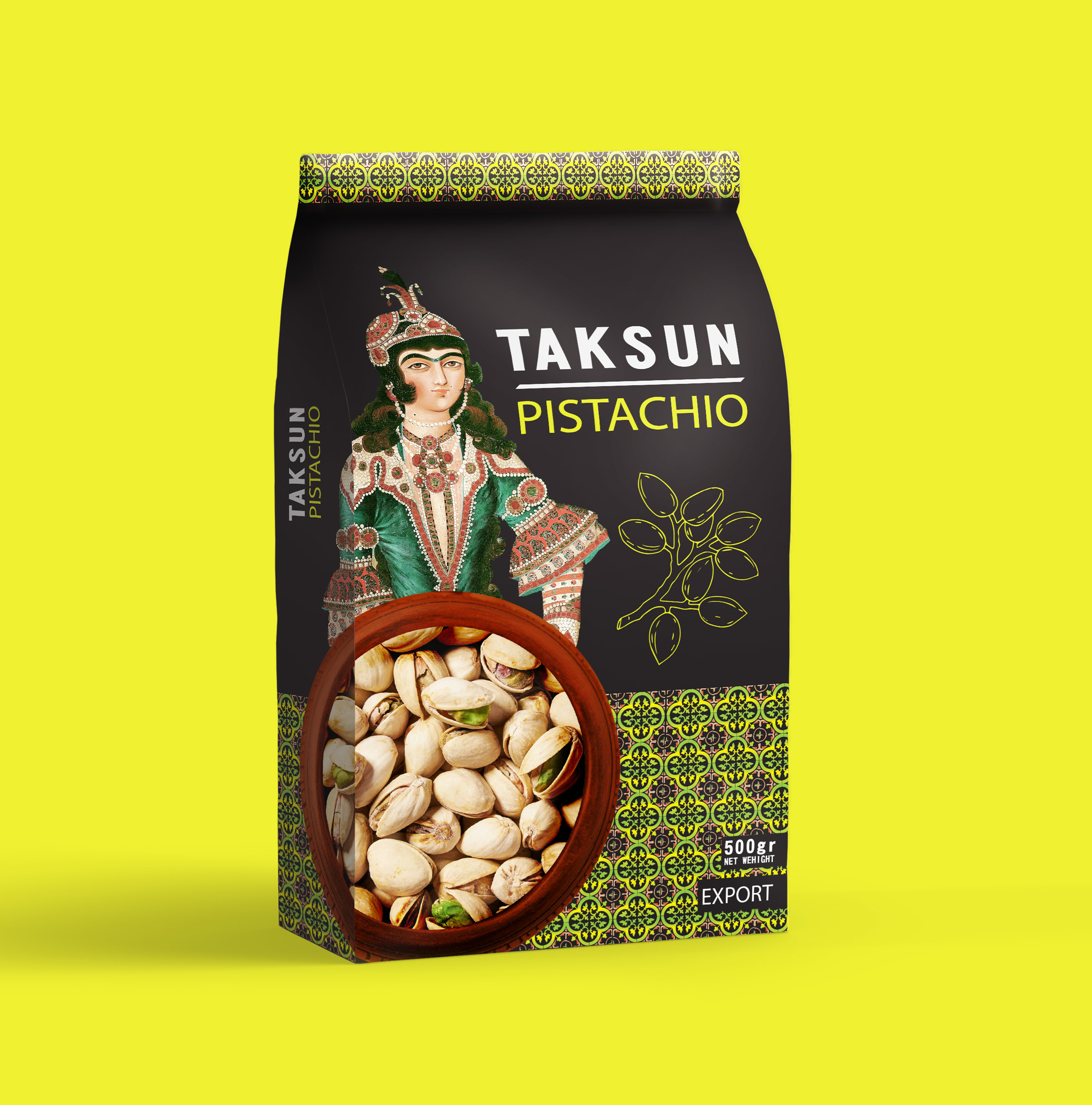 達順開心果堅果包裝設計“伊朗女孩插畫+拼接底紋”