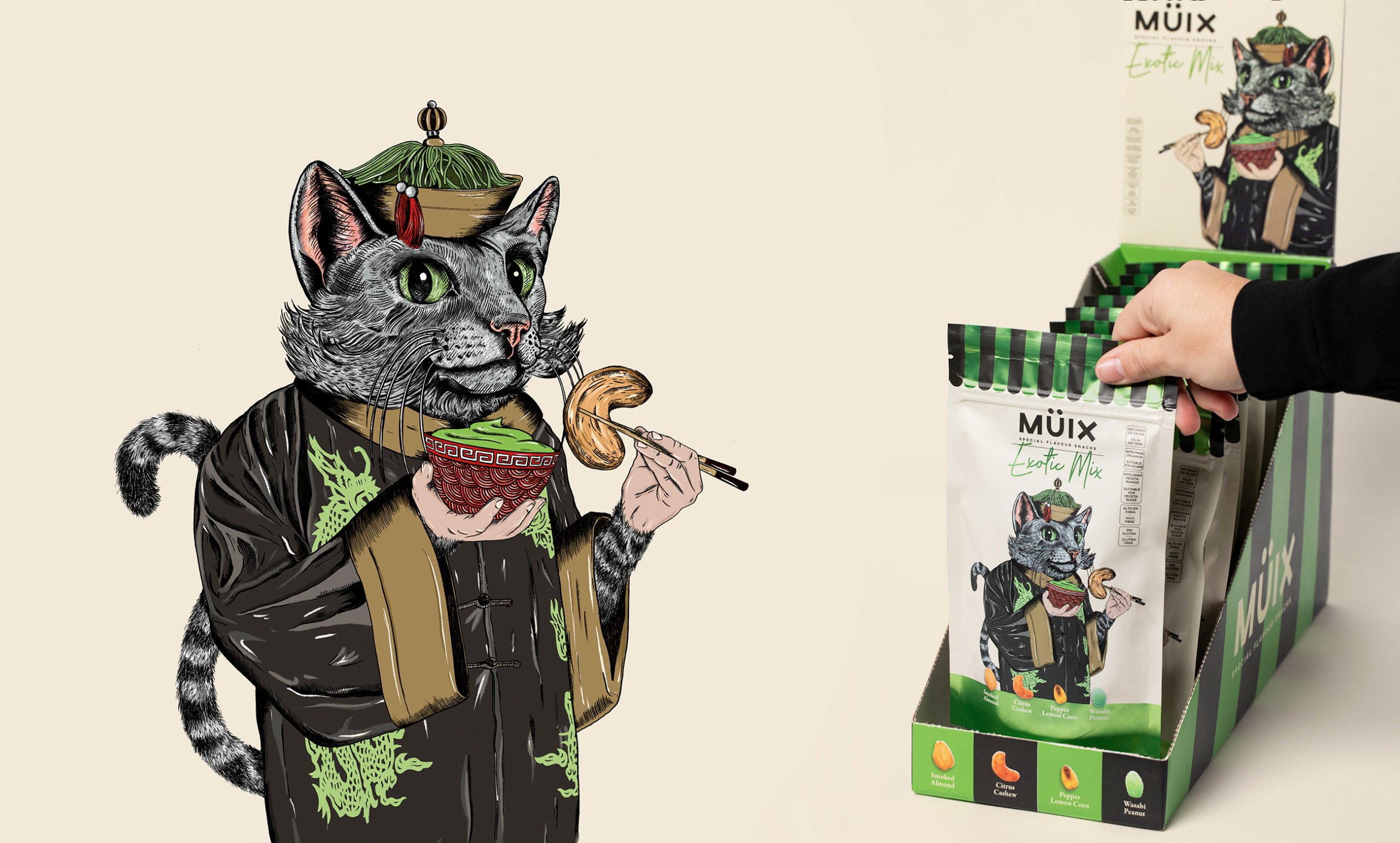 Müix混合口味堅果食品包裝設計“動物擬人”插畫