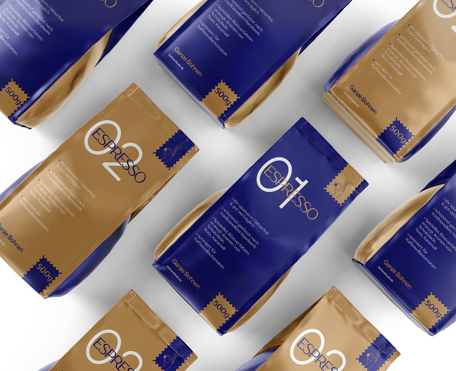 GANZE BOHNEN 精品袋裝咖啡包裝設計，金色和海軍藍設計