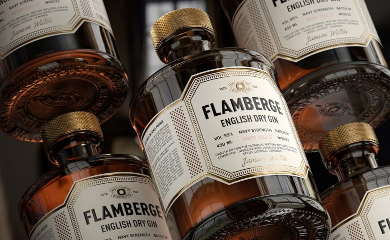 高端風格Flamberg 杜松子酒藥酒包裝設計禮盒設計，包含35種植物