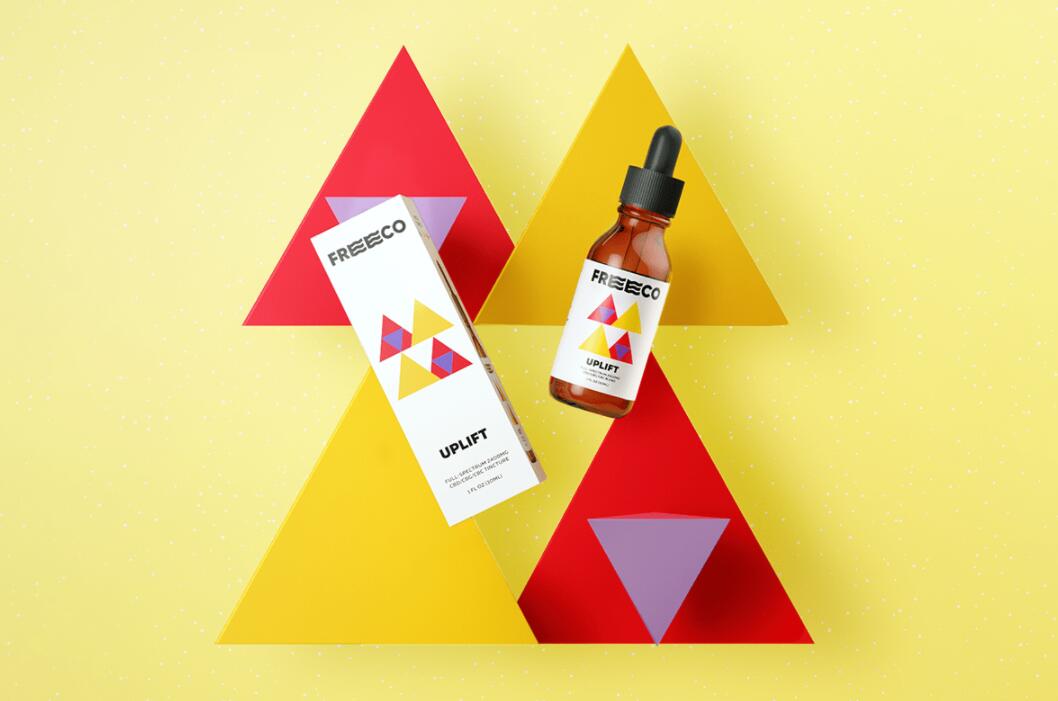 freeco天然大麻提取物滴劑藥品包裝設計，抽象幾何圖案組合