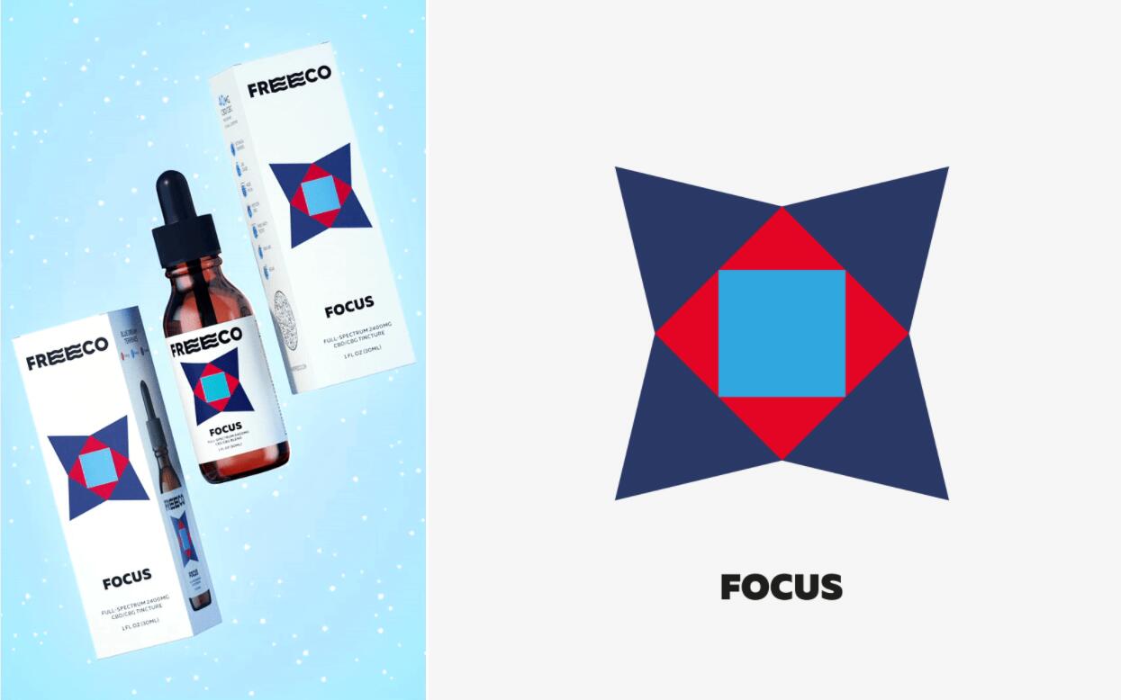 freeco天然大麻提取物滴劑藥品包裝設計，抽象幾何圖案組合