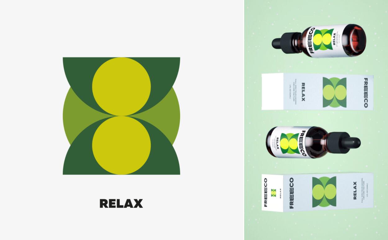 freeco天然大麻提取物滴劑藥品包裝設計，抽象幾何圖案組合