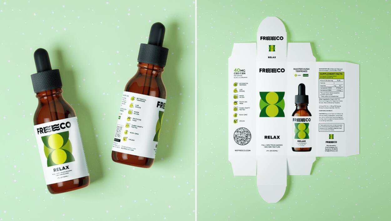 freeco天然大麻提取物滴劑藥品包裝設計，抽象幾何圖案組合