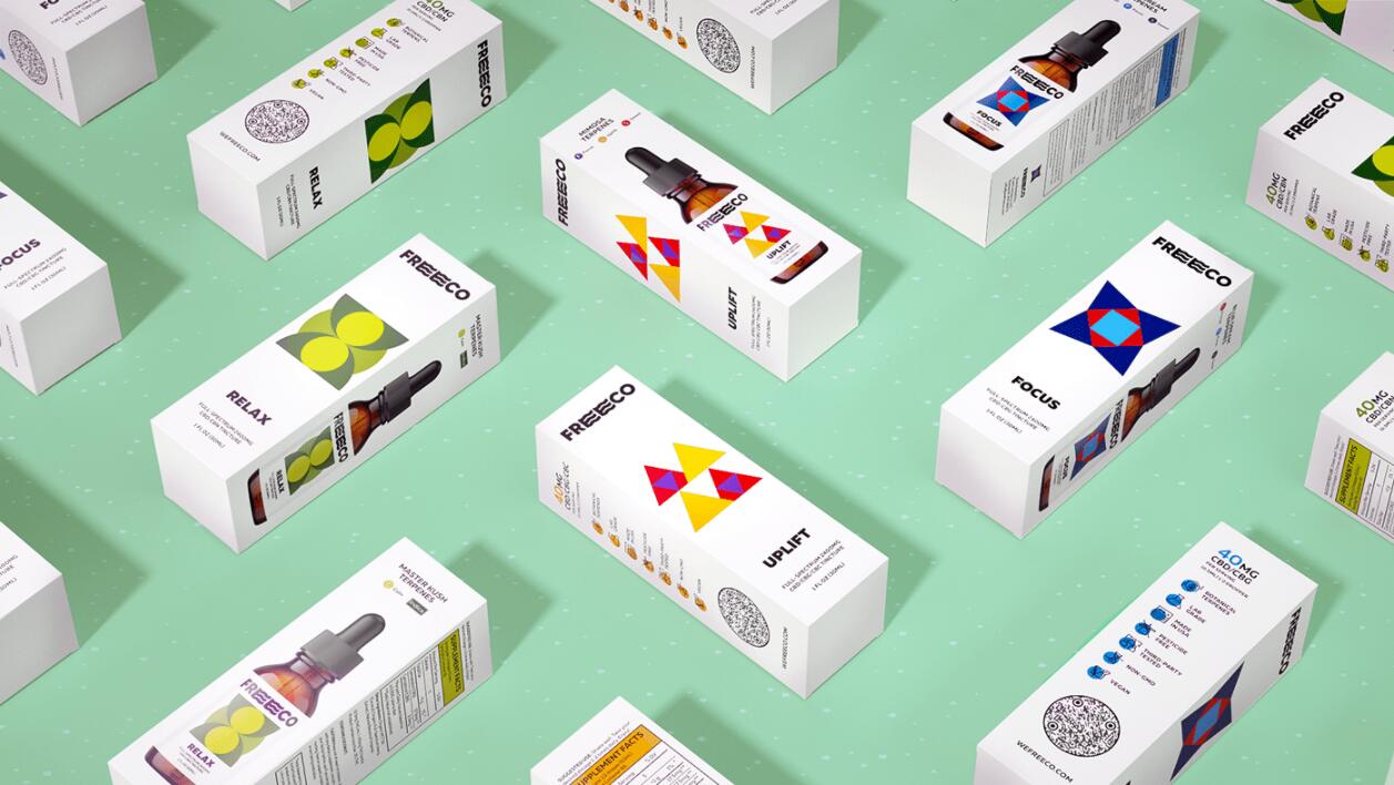 freeco天然大麻提取物滴劑藥品包裝設計，抽象幾何圖案組合