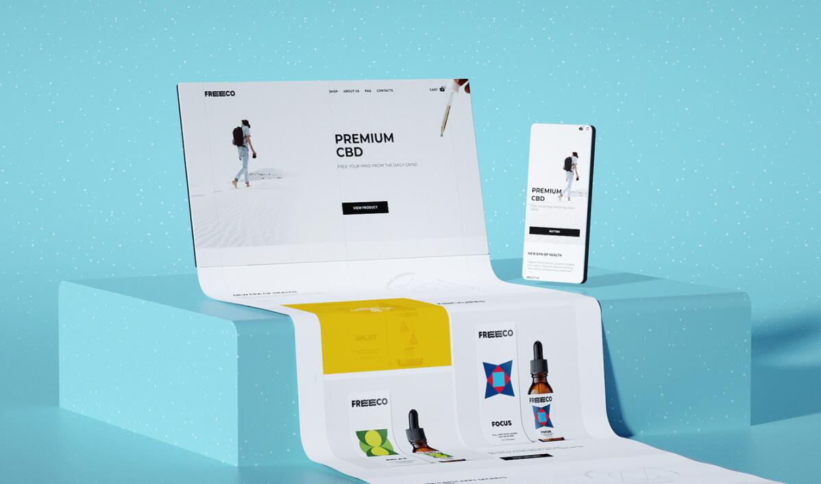 freeco天然大麻提取物滴劑藥品包裝設計，抽象幾何圖案組合