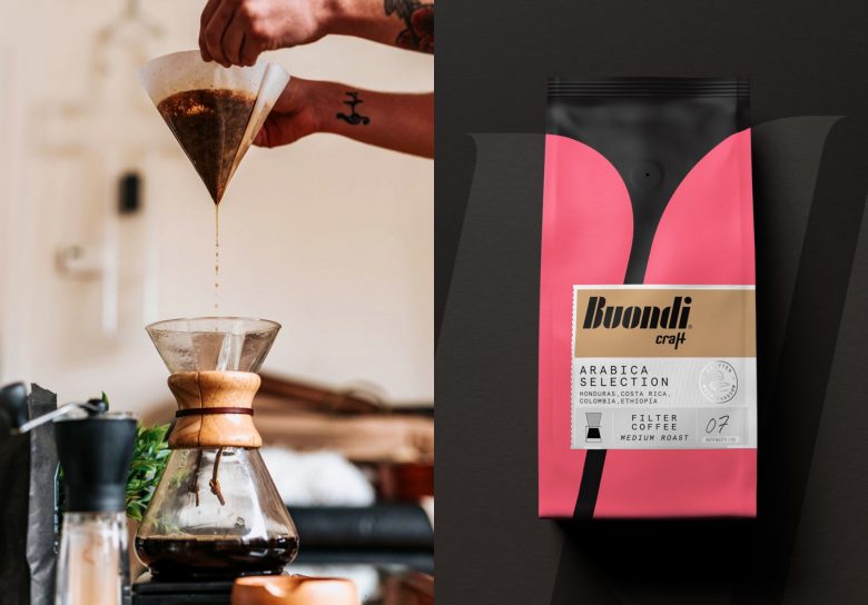 Buondi 咖啡標簽貼紙包裝設計與字母中間切開標志設計