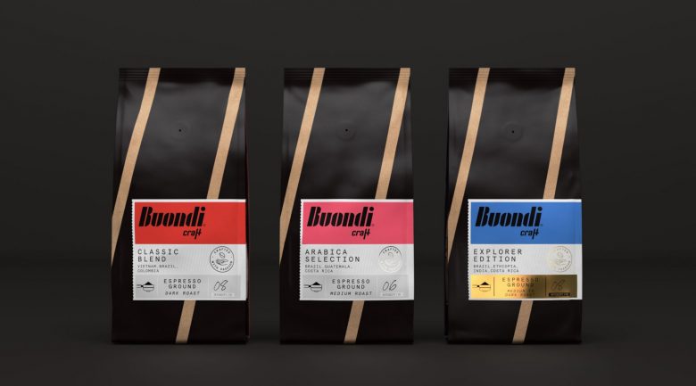 Buondi 咖啡標簽貼紙包裝設計與字母中間切開標志設計