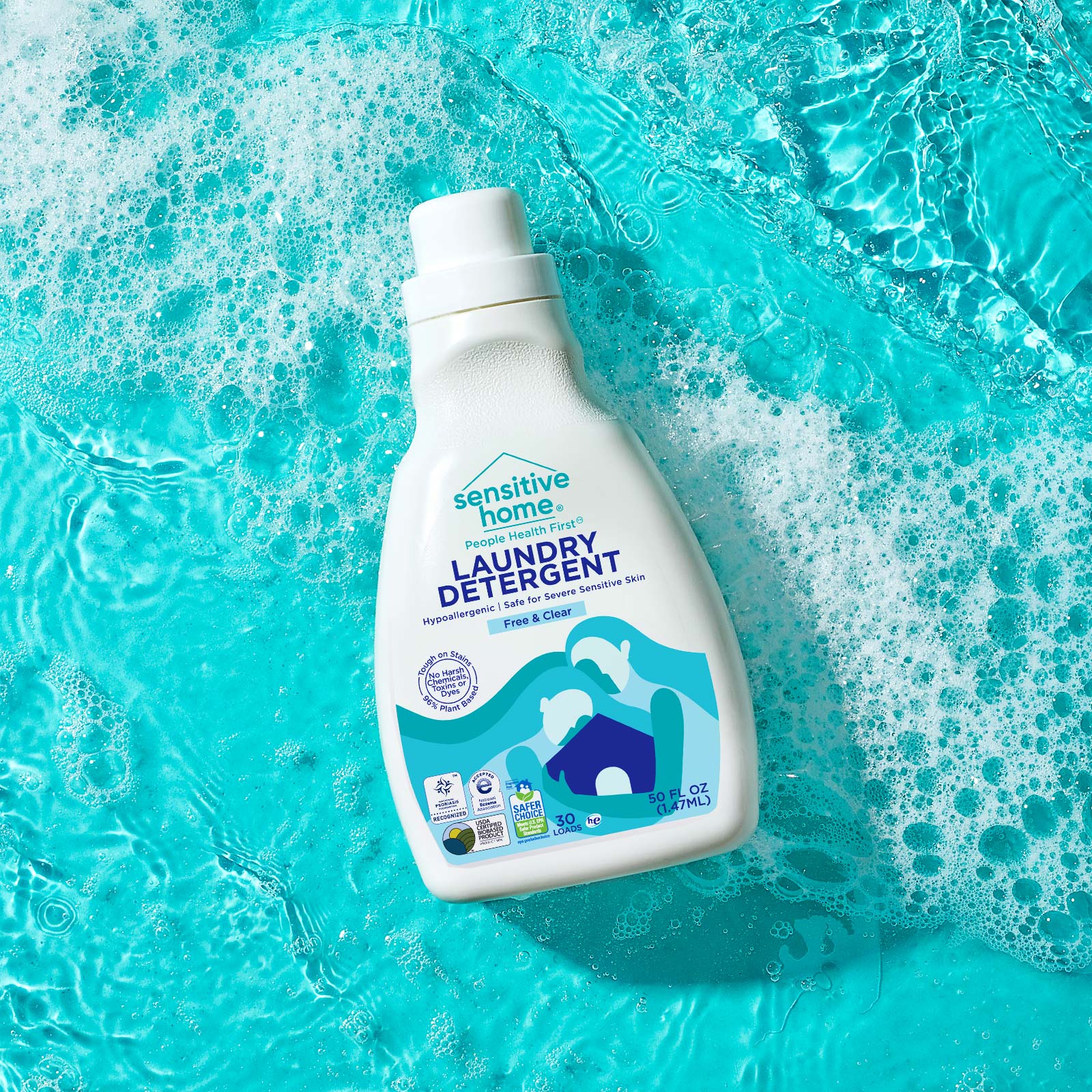 Sensitive Home敏感家居家用清潔劑洗衣液洗碗液logo設計包裝設計，兩個長發女人擁抱房子插畫