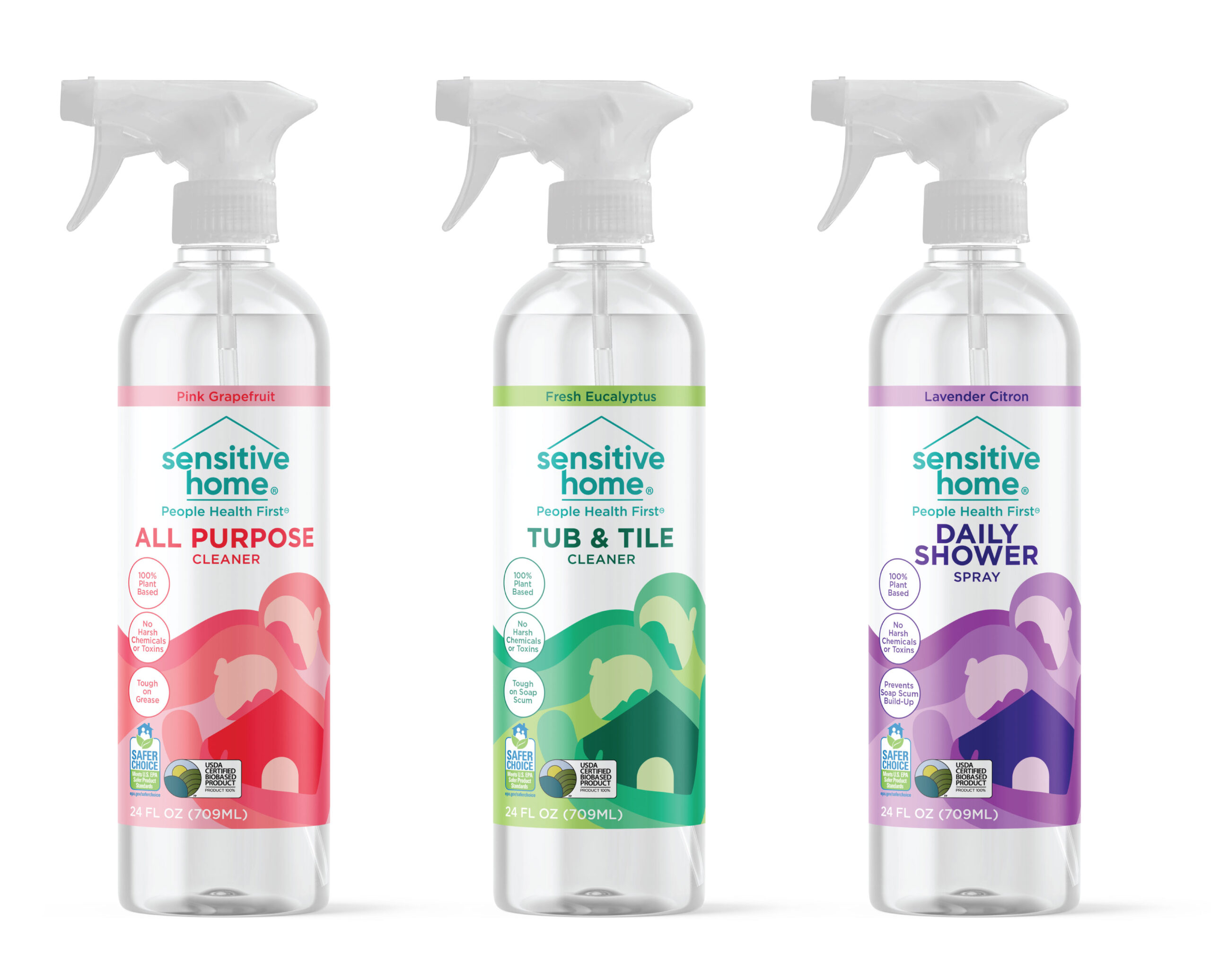 Sensitive Home敏感家居家用清潔劑洗衣液洗碗液logo設計包裝設計，兩個長發女人擁抱房子插畫