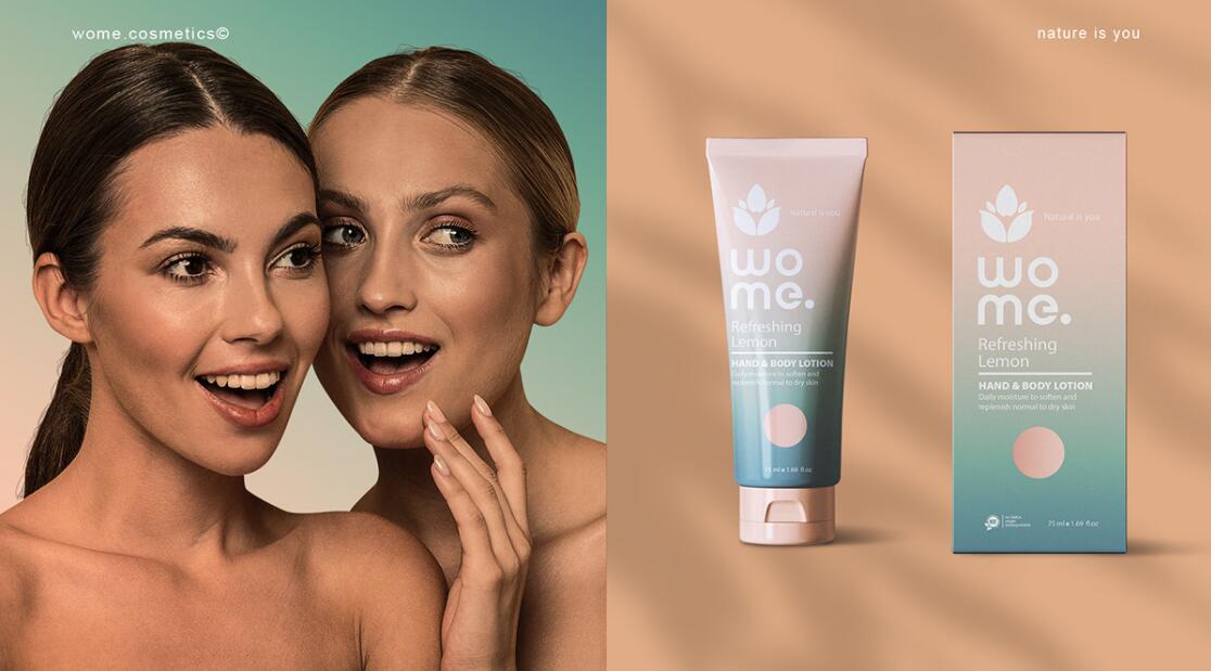 Wome 天然護膚品化妝品logo設計“水滴花朵”與產品包裝設計”金綠漸變色“