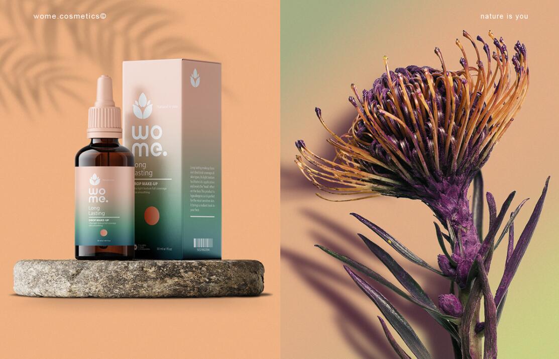 Wome 天然護膚品化妝品logo設計“水滴花朵”與產品包裝設計”金綠漸變色“