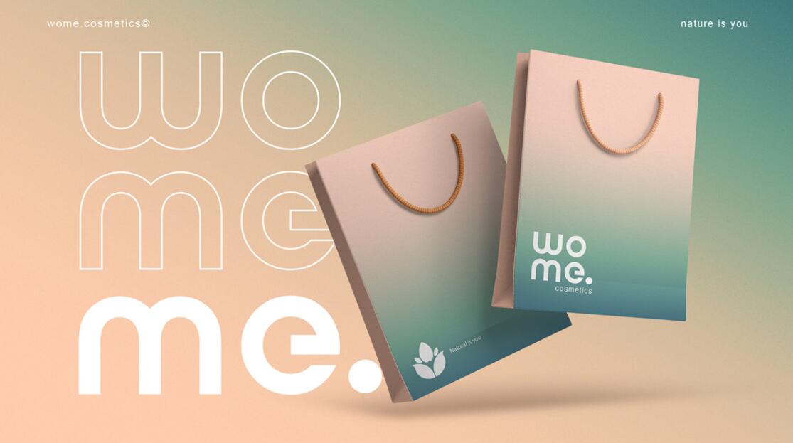 Wome 天然護膚品化妝品logo設計“水滴花朵”與產品包裝設計”金綠漸變色“