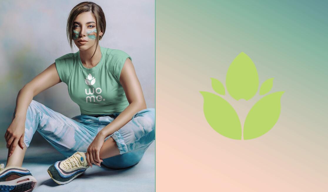 Wome 天然護膚品化妝品logo設計“水滴花朵”與產品包裝設計”金綠漸變色“