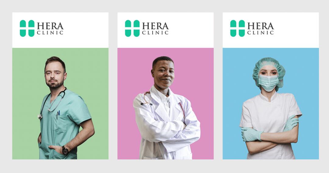 Hera Clinic 赫拉診所醫院logo設計vi設計，H字母+十字