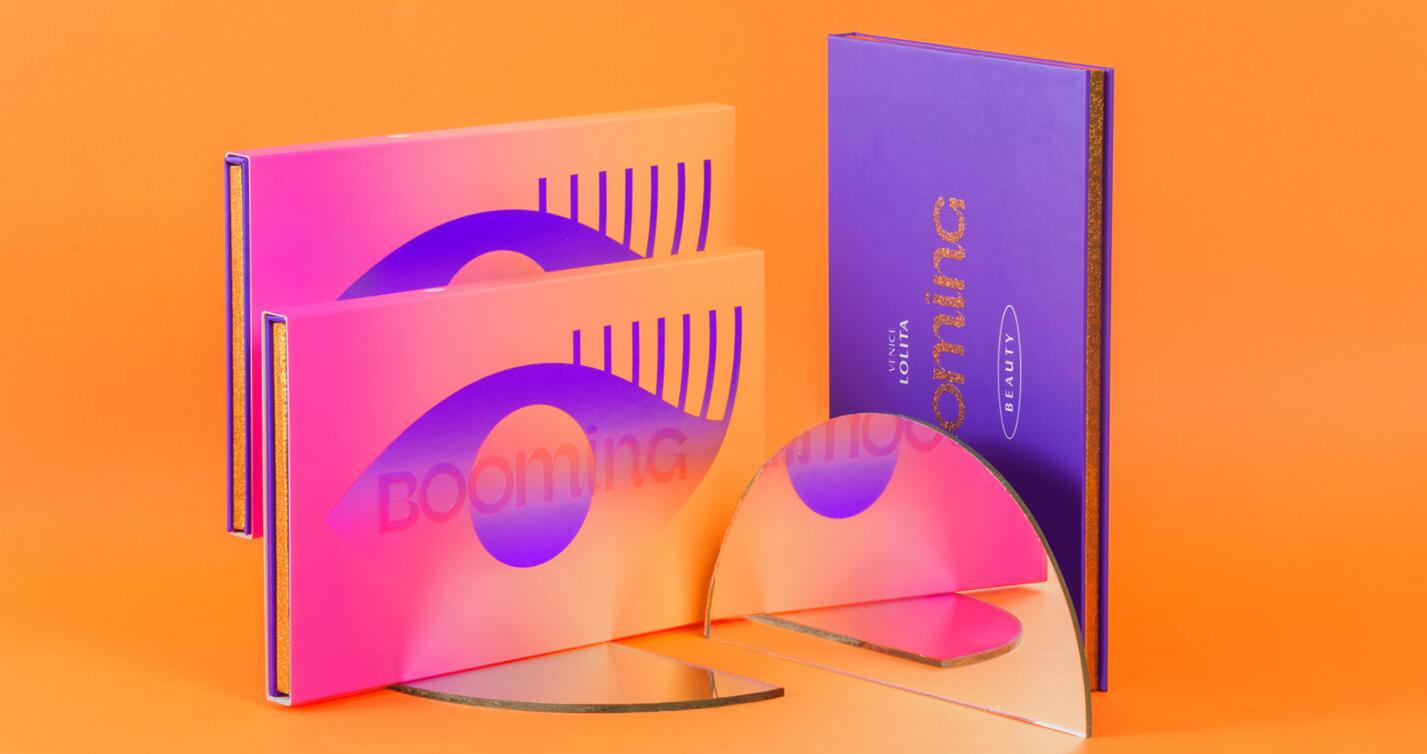 BOOMING 彩妝化妝品包裝設計，“粉金漸變色”金屬箔和閃光裝飾設計