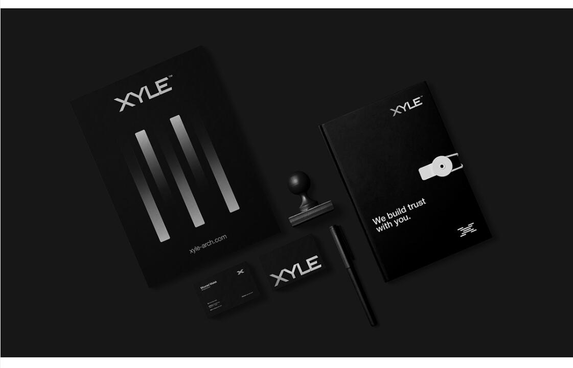 Xyle建筑設計公司logo設計品牌形象vis設計，x磚塊logo與超酷黑白漸變vi風