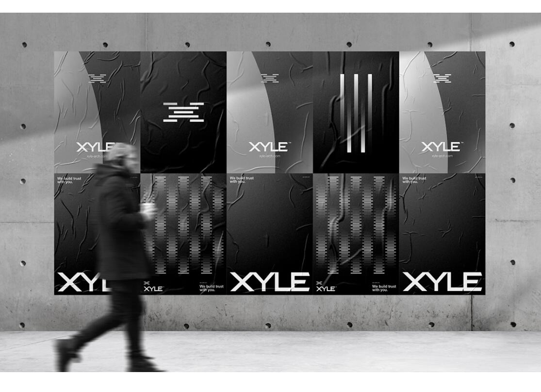 Xyle建筑設計公司logo設計品牌形象vis設計，x磚塊logo與超酷黑白漸變vi風