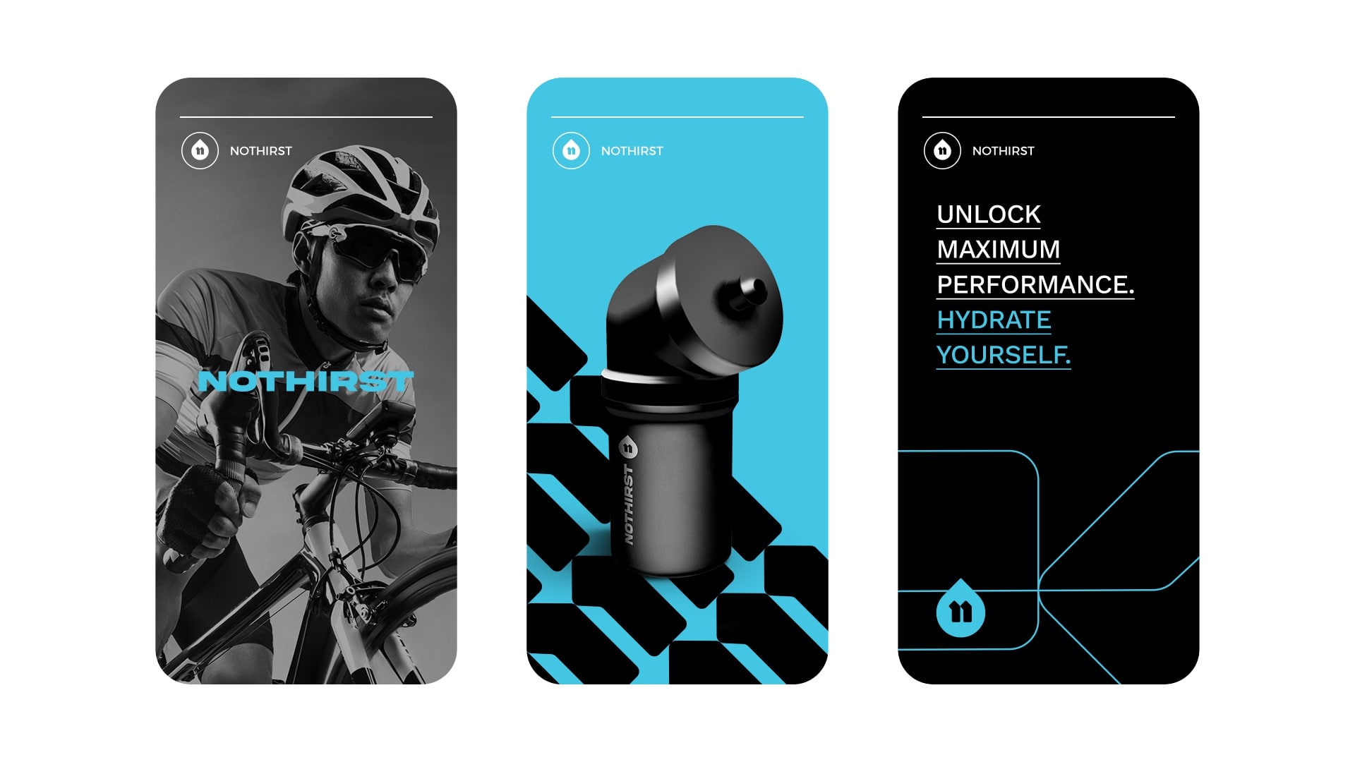 NoThirst 運動生活方式與運動水杯品牌形象vi設計，黑籃配色+幾何底紋輔助圖形