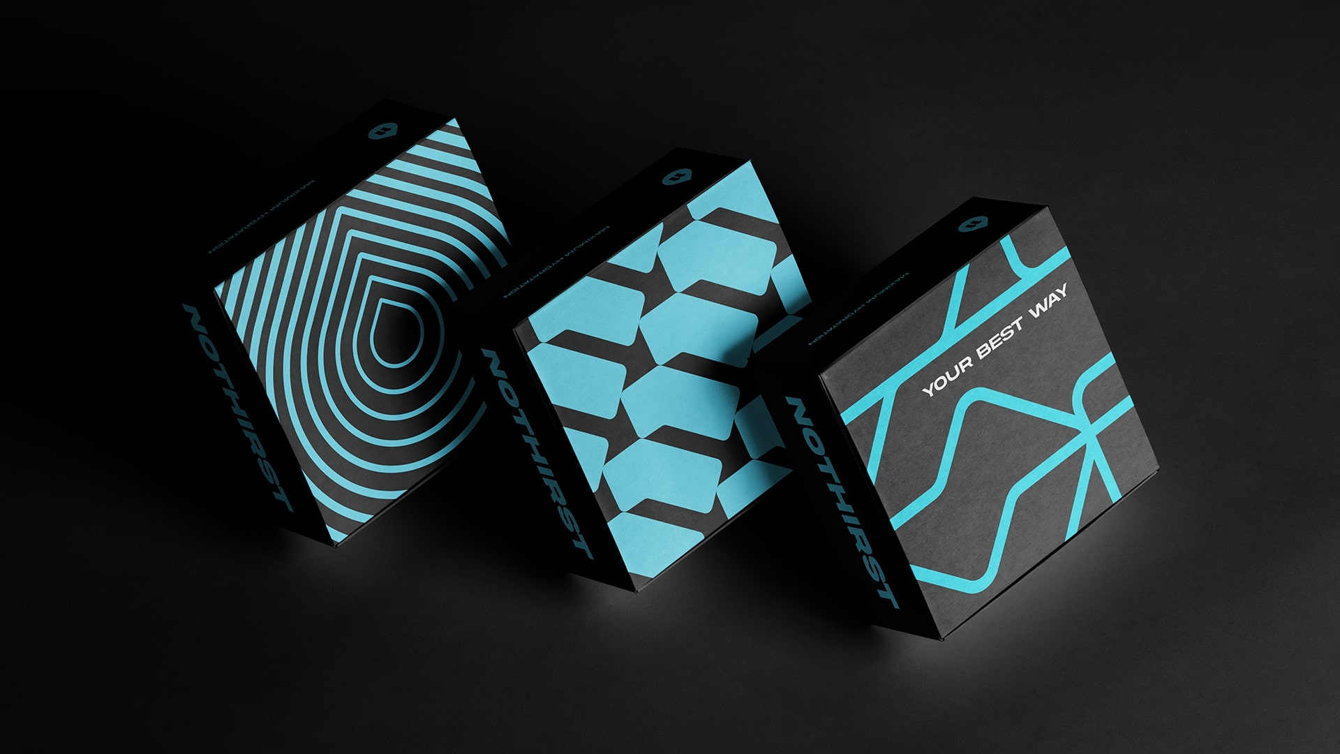 NoThirst 運動生活方式與運動水杯品牌形象vi設計，黑籃配色+幾何底紋輔助圖形