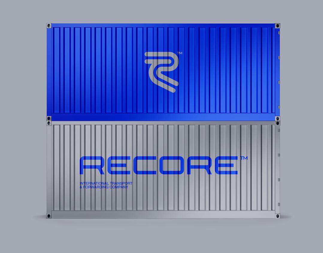 Recore 航運公司logo設計vi設計，雙線條“R”字母與藍灰配色
