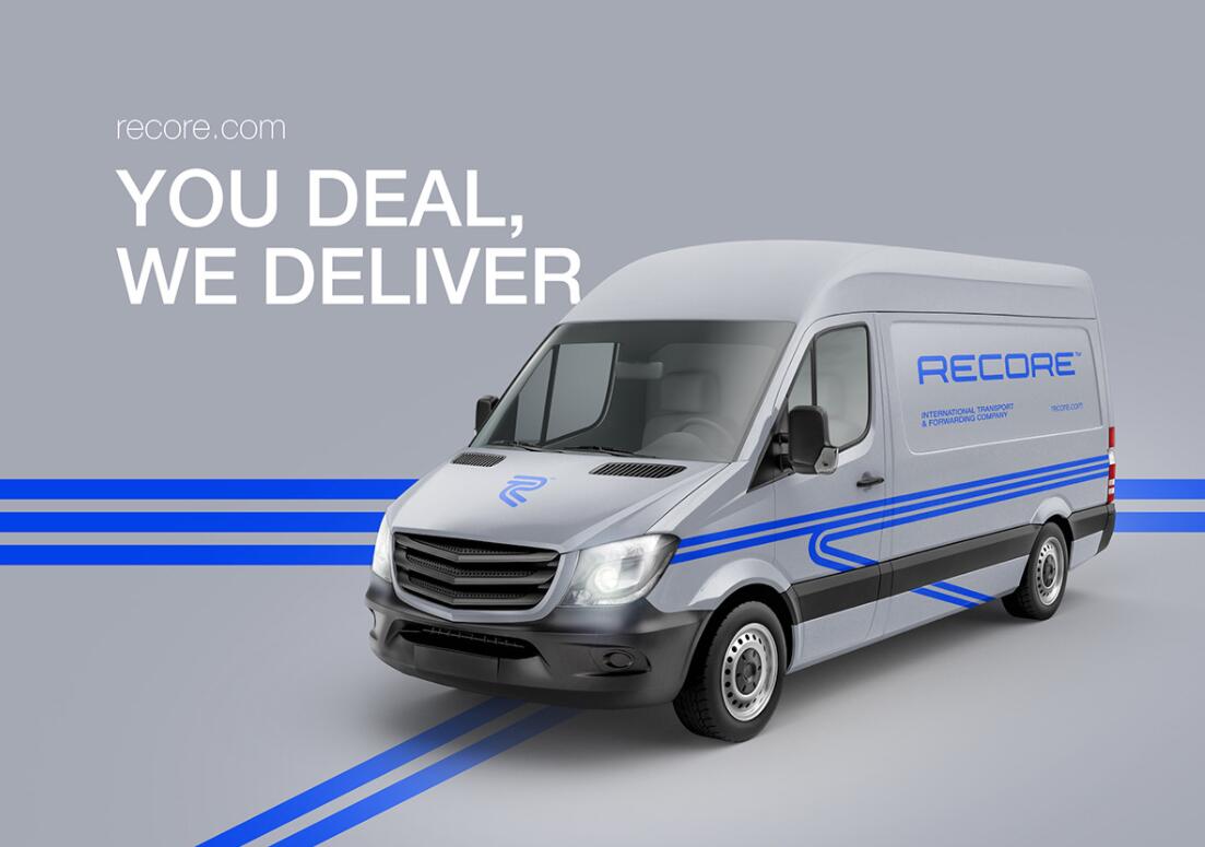 Recore 航運公司logo設計vi設計，雙線條“R”字母與藍灰配色