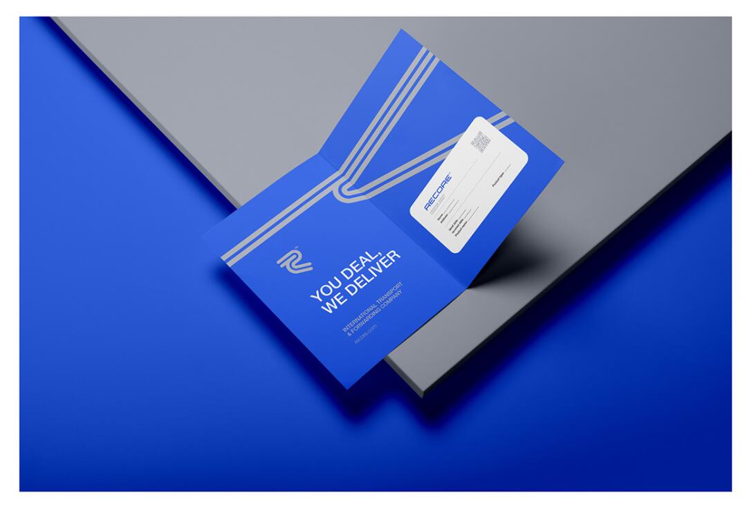 Recore 航運公司logo設計vi設計，雙線條“R”字母與藍灰配色