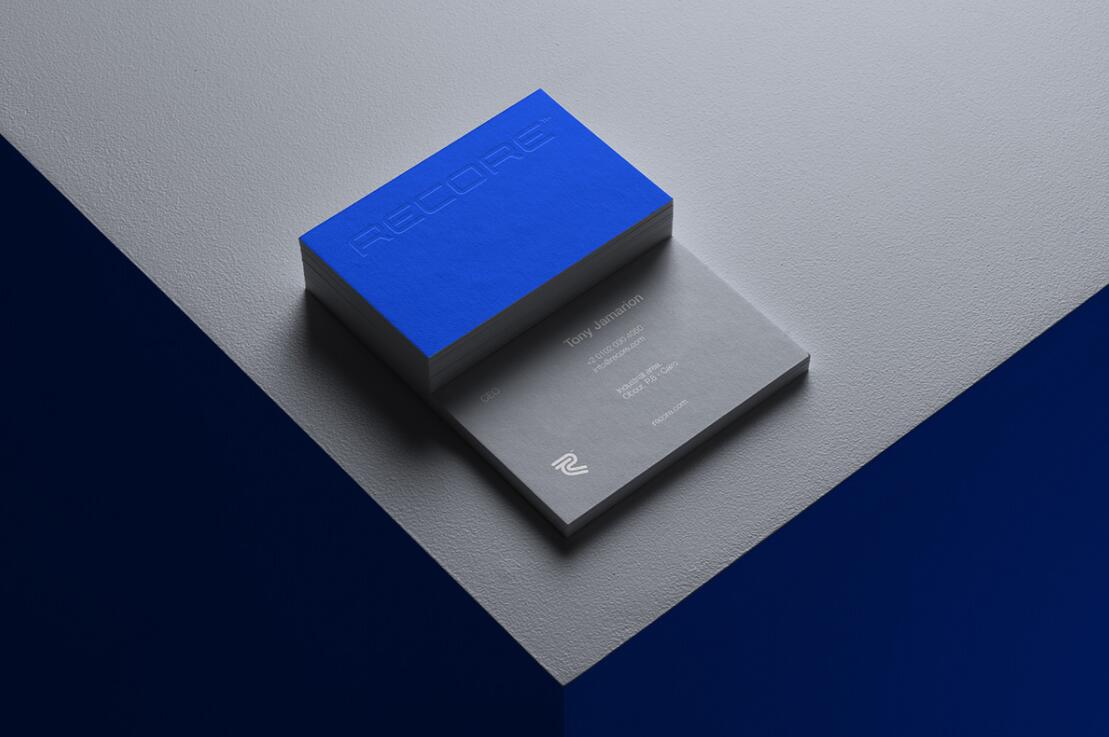 Recore 航運貨運物流公司logo設計vi設計，雙線條“R”字母與藍灰配色