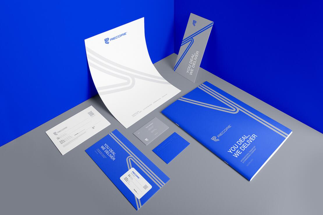 Recore 航運貨運物流公司logo設計vi設計，雙線條“R”字母與藍灰配色