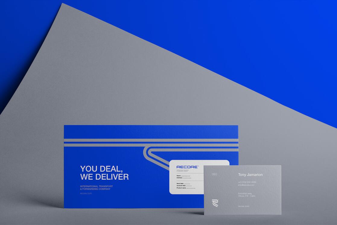 Recore 航運貨運物流公司logo設計vi設計，雙線條“R”字母與藍灰配色
