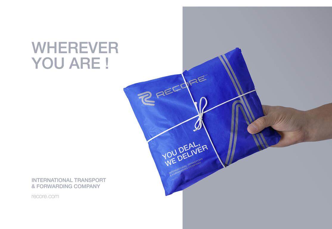 Recore 航運貨運物流公司logo設計vi設計，雙線條“R”字母與藍灰配色-包裹設計