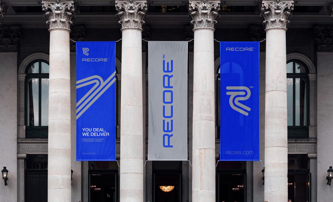 Recore 航運貨運物流公司logo設計vi設計，雙線條“R”字母與藍灰配色