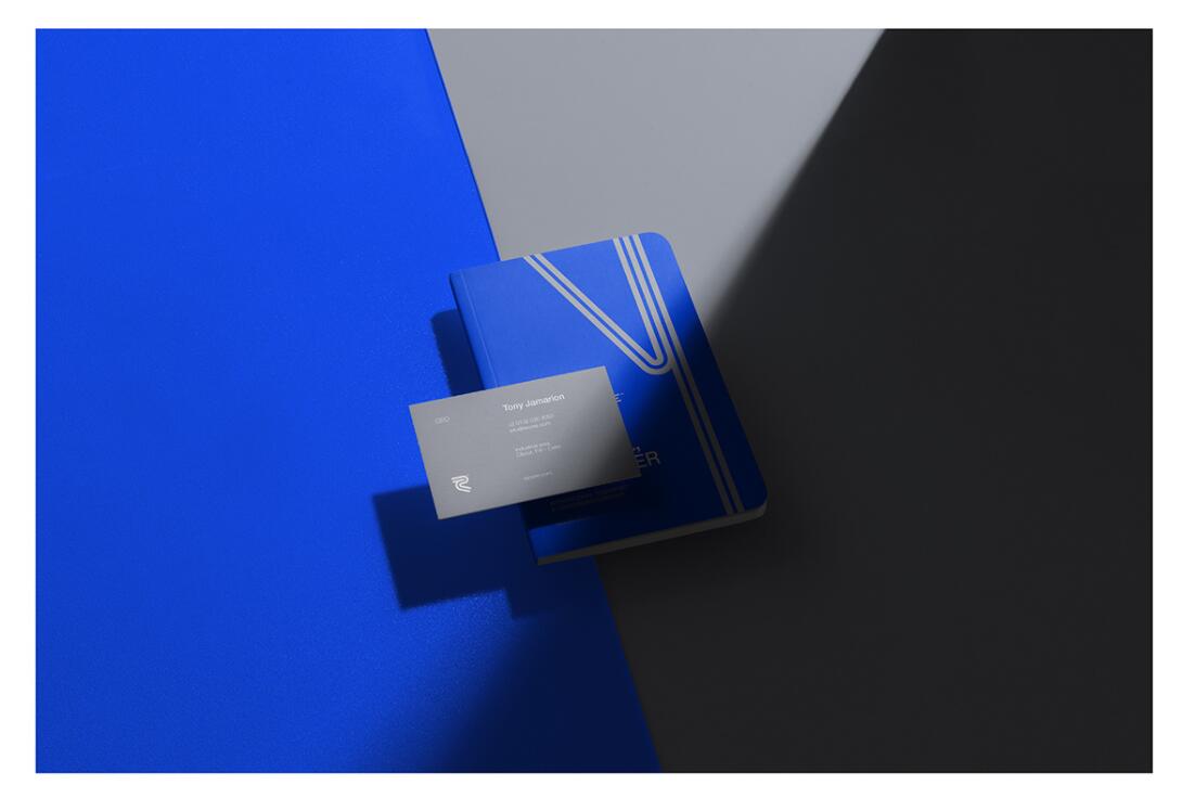 Recore 航運貨運物流公司logo設計vi設計，雙線條“R”字母與藍灰配色