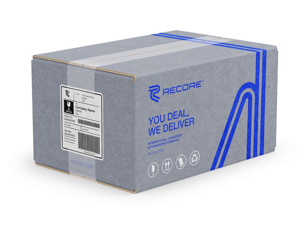 Recore 航運貨運物流公司logo設計vi設計，雙線條“R”字母與藍灰配色