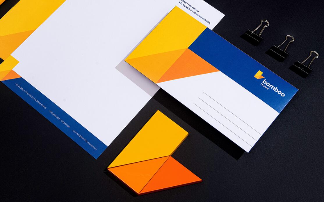 Bamboo Home 建筑公司品牌vis視覺識別設計，平面幾何色塊構建立體效果