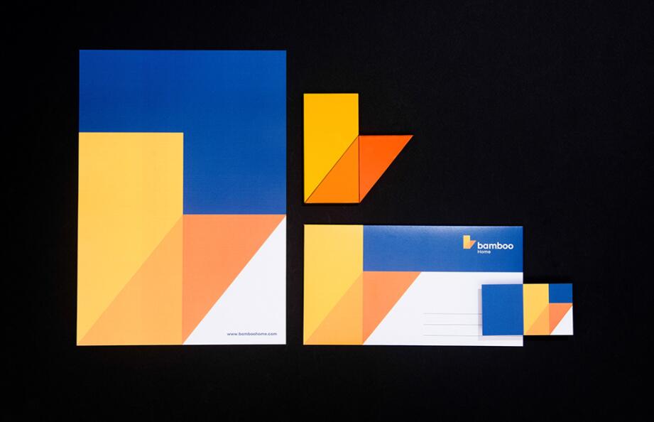 Bamboo Home 建筑公司品牌vis視覺識別設計，平面幾何色塊構建立體效果