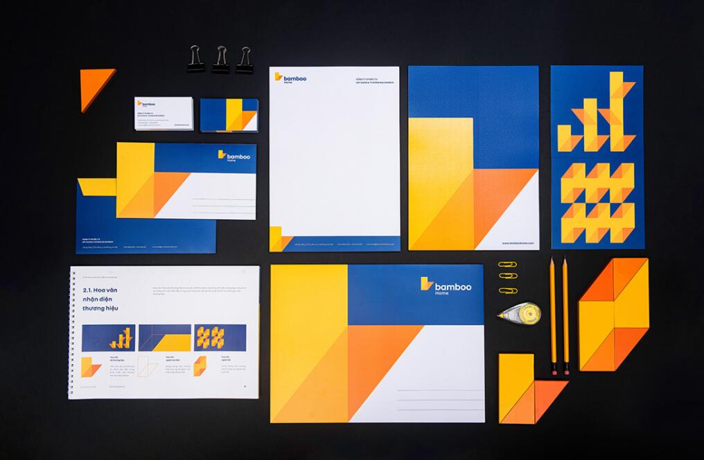 Bamboo Home 建筑公司品牌vis視覺識別設計，平面幾何色塊構建立體效果