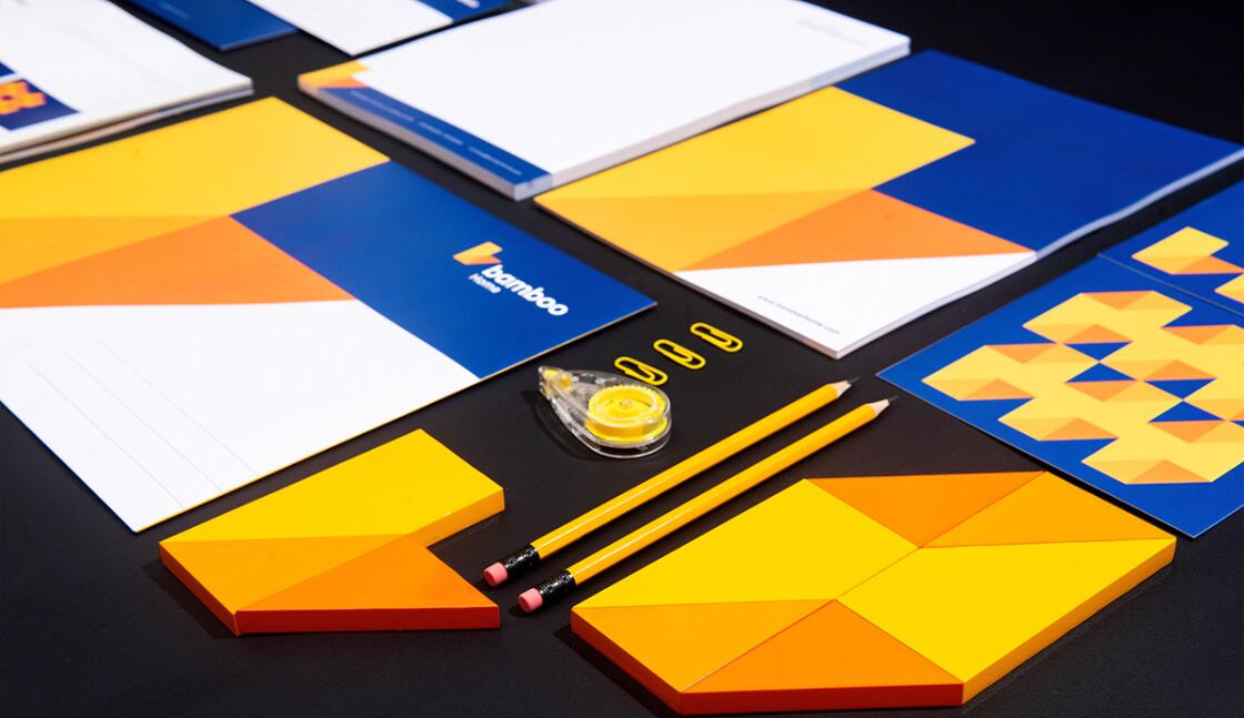 Bamboo Home 建筑公司品牌vis視覺識別設計，平面幾何色塊構建立體效果