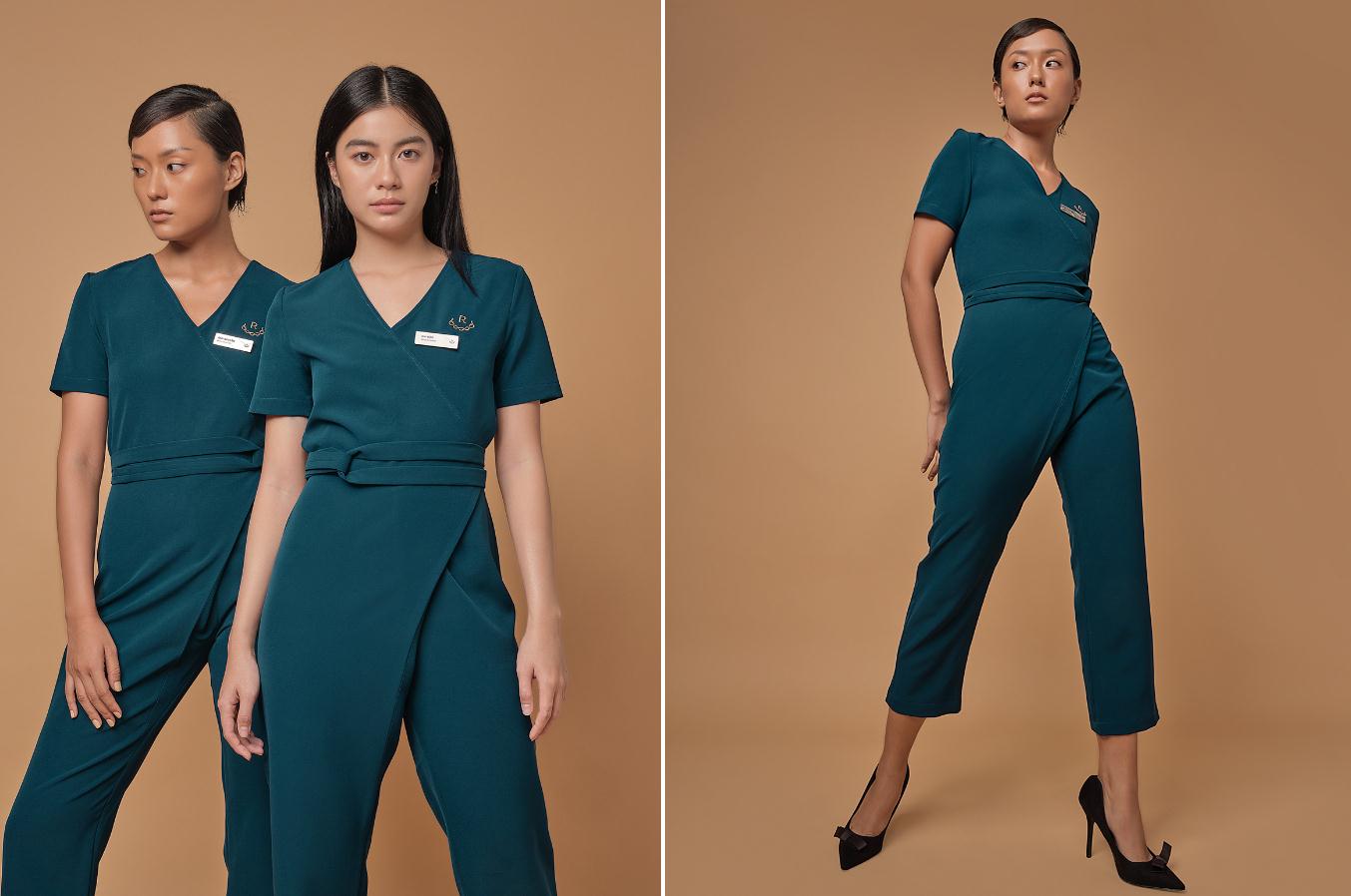 Ruco非手術美容與皮膚護理醫療logo設計vi設計。青黑色金色奢侈風與循環交叉線條-制服設計