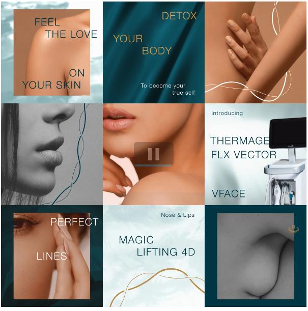 Ruco非手術美容與皮膚護理醫療logo設計vi設計。青黑色金色奢侈風與循環交叉線條-版式與布局設計