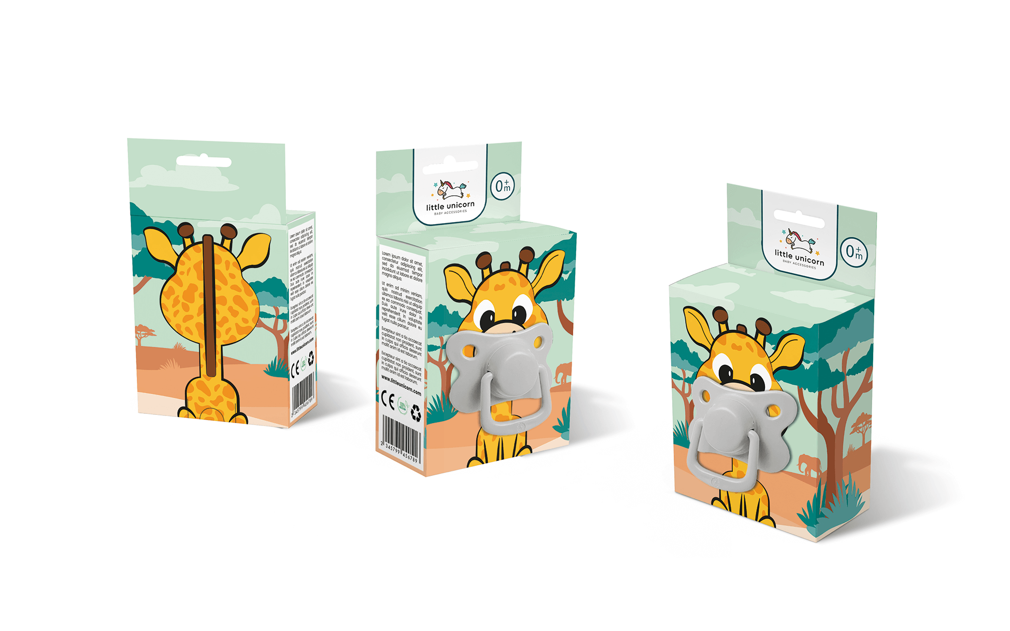 小獨角獸嬰兒奶嘴包裝設計“熊貓、長頸鹿和小猴子”插畫