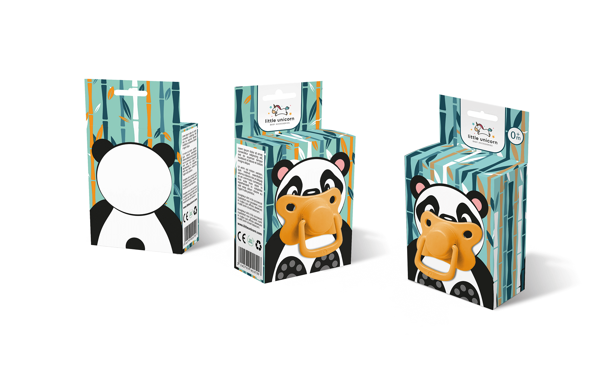 小獨角獸嬰兒奶嘴包裝設計“熊貓、長頸鹿和小猴子”插畫