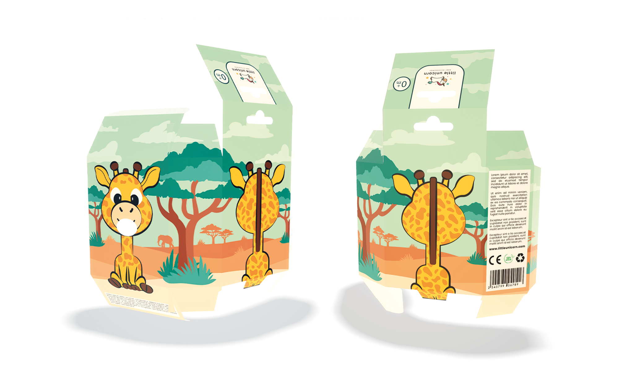 小獨角獸嬰兒奶嘴包裝設計“熊貓、長頸鹿和小猴子”插畫