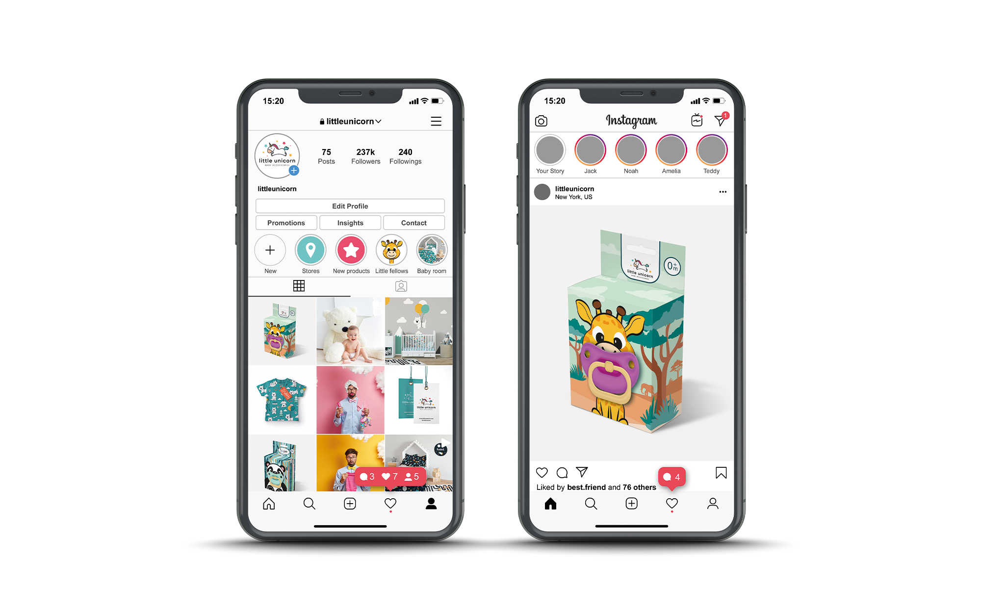 小獨角獸嬰兒奶嘴包裝設計“熊貓、長頸鹿和小猴子”插畫