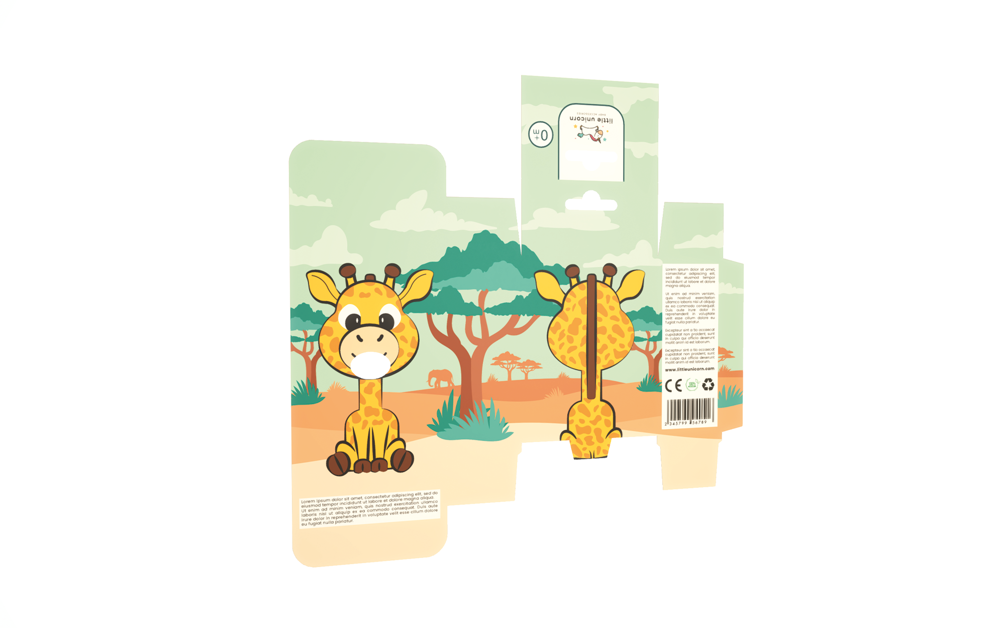 小獨角獸嬰兒奶嘴包裝設計“熊貓、長頸鹿和小猴子”插畫