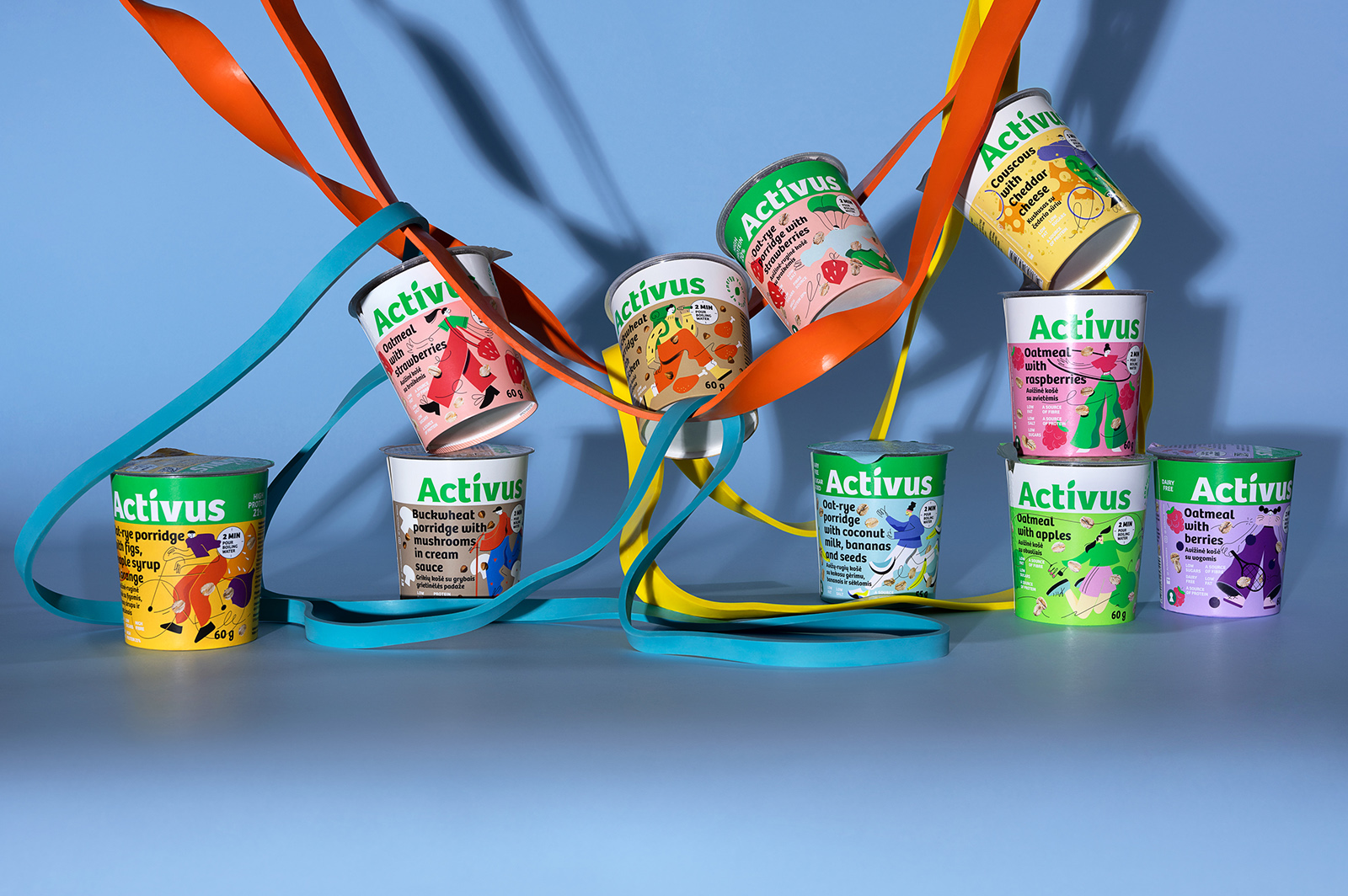 ACTIVUS 杯裝健康速食早餐午餐包裝設計，比例夸張的活力人物插畫