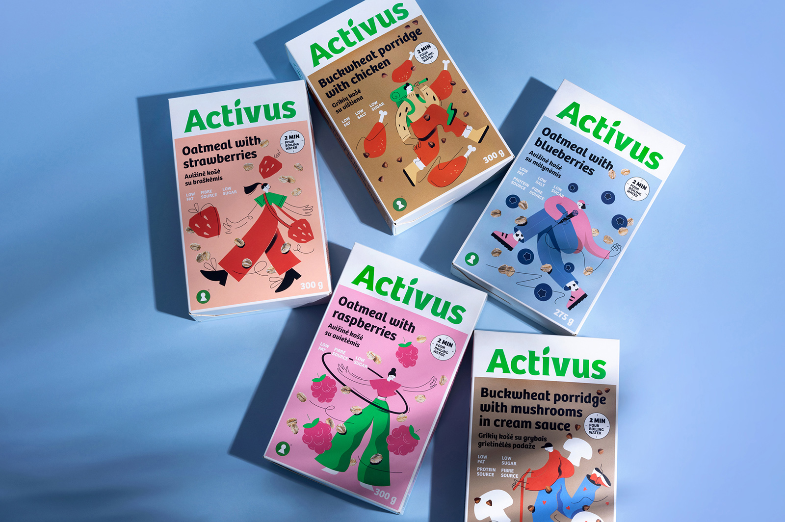 ACTIVUS 杯裝健康速食早餐午餐包裝設計，比例夸張的活力人物插畫